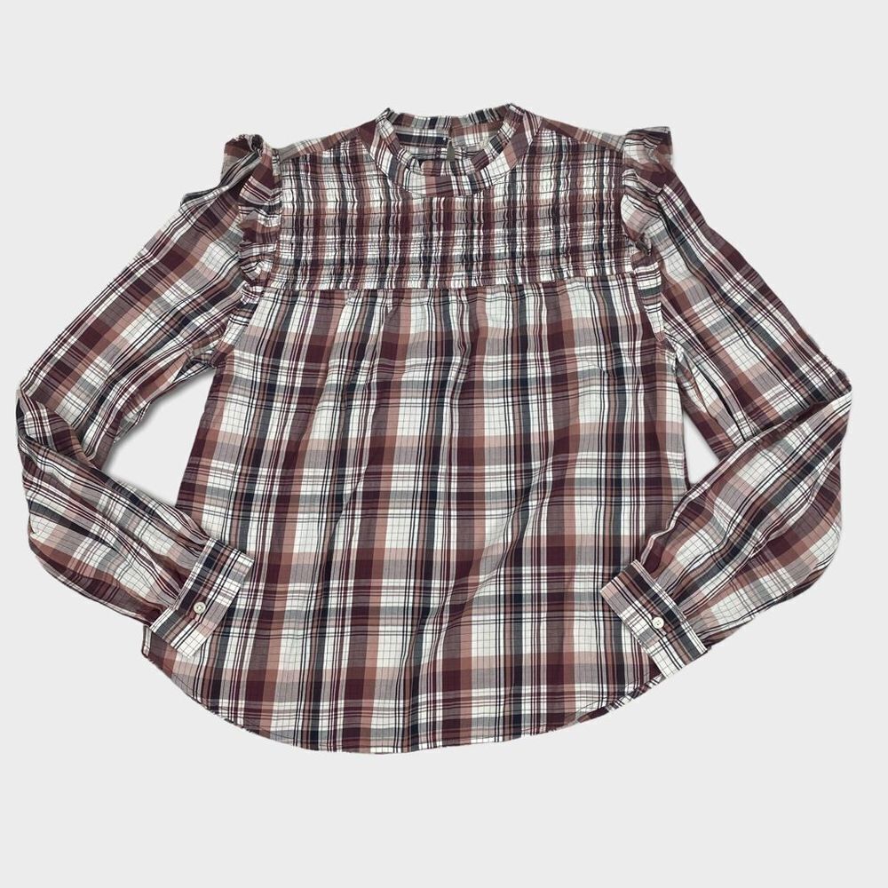 Loft Plaid Long Sleeve Smocked Top size Small Babydoll